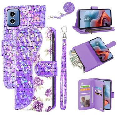 Imagem de Dibosom Capa carteira floral para Motorola Moto G34 5G com alça de pulso alça de ombro flip zíper bolsa porta-cartão, suporte de couro PU de luxo brilhante brilhante brilhante capa de celular para