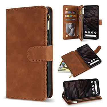 Imagem de ZZXX Capa carteira para Google Pixel 7A com compartimento para cartão com bloqueio de RFID, couro sintético macio, zíper e alça de pulso, capa protetora para Google 7A (15,5 cm marrom)