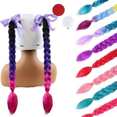 Imagem de Eaaxup Capacete preto roxo rosa 2 peças com ventosa removível capacete de motocicleta rabo de cavalo capacete de bicicleta tranças de cabelo para qualquer capacete, decorações de muitas cores