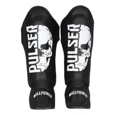 Imagem de Caneleiras de Proteção Muay Thai 30 mm Preta Caveira Branca Pulser, Pr