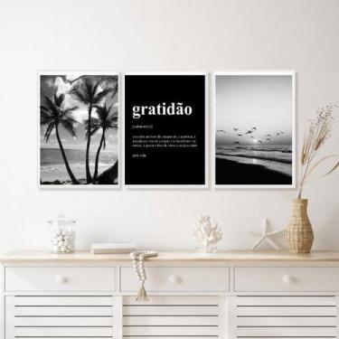 Imagem de Kit 3 Quadros Praia Preto E Branco Gratidão Significado 45x34cm - Quad