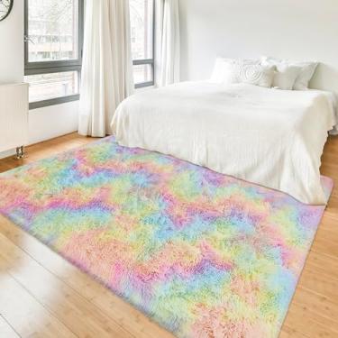 Imagem de JiaoBaba Tapete colorido arco-íris fofo para quarto de meninas, 10 x 15 cm, kawaii, tie dye, tapete de unicórnio para sala de estar, crianças, berçário, quarto de princesa, dormitório, decoração de