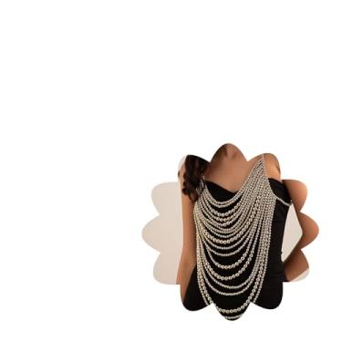 Imagem de Xerling Sutiã de borla de pérolas falsas, corrente corporal, multicamadas, costas nuas, corrente no peito, franja, frente única, joia corporal, acessórios de biquíni para mulheres e meninas (prata),