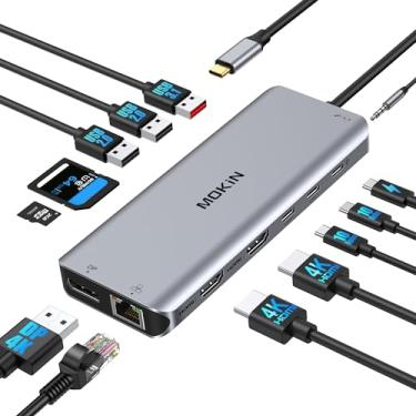 Imagem de Estação de ancoragem para laptop USB C Dual HDMI 4K DP Hub de tela tripla 10G, hub USB C 13 em 1 MOKiN com 3 monitores, DisplayPort, USB3.1, RJ45, PD de 100 W, leitor de cartão, áudio/microfone, para