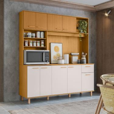 Imagem de Cozinha Compacta Núria 180m 9 Portas 1 Gaveta  - Freijó Ripado/Off White Poliman