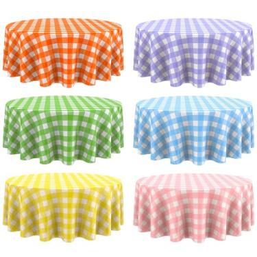 Imagem de Remagr Toalha de mesa xadrez descartável redonda de plástico xadrez buffalo, 213 cm, capa de mesa guingão para piquenique, acampamento, churrasco, festa de formatura (multicolorida, 6 peças)
