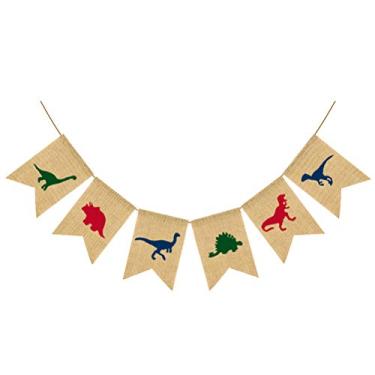 Imagem de Swallowtail Banner decorativo de linho, guirlanda colorida de dinossauro, festa para acessórios de festa de dinossauro
