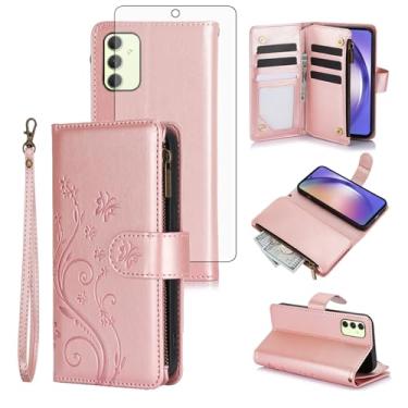 Imagem de Asuwish Capa de celular para Samsung Galaxy A54 5G carteira celular com protetor de tela de vidro temperado alça de pulso flor flip zíper porta-cartão slot A545G A 54 54A 4G G5 SM A546U mulheres