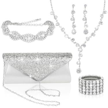 Imagem de ACO-UINT Conjunto de joias de strass com 5 peças de bolsa clutch para mulheres, colar de formatura, brincos, pulseira, anel com glitter, joias formais para mulheres para uso noturno, Metal, Strass