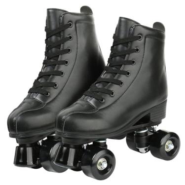 Imagem de Patins femininos de couro PU patins de rolo de cano alto clássicos rodas duplas brilhantes para ambientes internos e externos quadriciclos para adolescentes adultos unissex (roda preta, 41)