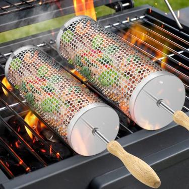 Imagem de Guangshuohui Cesta De Grelha Com Rodinhas Para Encaixe (2 Peças), Cestas Grelhar, Alça Madeira Removível, Aço Inoxidável 304, Rede, 2 Peças Acessórios Ferramentas Vegetais E Camarão, Cozinha Ao Ar L