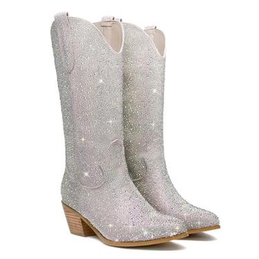 Imagem de GOSERCE Botas De Cowboy Com Strass Prateado, Cowgirl, Brilhante, Cowgil, Prata, 12