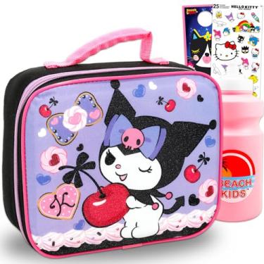 Imagem de Lancheira Kuromi para meninas, conjunto infantil – Pacote com lancheira Sanrio Plus adesivos, garrafa de água, mais | Lancheira Kuromi para escola