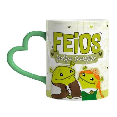 Imagem de Caneca 325ml Alça Coração Shrek Fiona Feios para sempre Namo - LARANJA