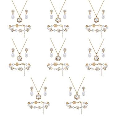 Imagem de Conjunto de joias de dama de honra para mulheres e meninas, pingente de flor banhado a ouro 18 K, prata e ouro rosa, com colar de pérolas, brincos, presente de dama de honra para casamento e pedido de casamento, festa e formatura, Zinco Vidro Pérola sintética, Pérola sintética