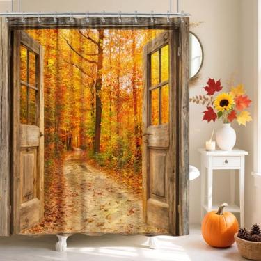 Imagem de Boho Fall Forest Cortina de Chuveiro, Outono Natureza Selva Floresta Folhas de Bordo Conjunto de Cortinas de Chuveiro de Árvore, Tecido de Porta de Celeiro Rústico Cortina de Chuveiro para Banheiro 12