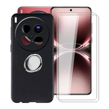 Imagem de YQINHHME Capa preta para Vivo X200 Ultra (6,8 polegadas) com 2 protetores de tela + suporte magnético de anel de 360°, capa protetora fina à prova de choque capa de telefone de silicone macio para
