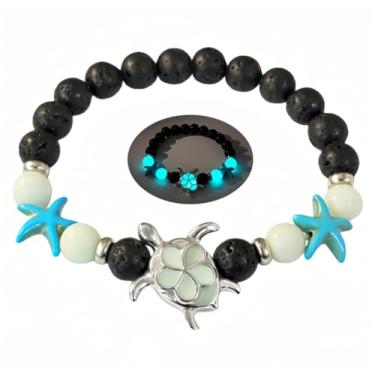 Imagem de LXSSLY Pulseiras femininas de pedra vulcânica natural de 8 mm, pulseiras luminosas de tartaruga oceânica, pulseira brilhante de pedra vulcânica, pulseira de proteção com contas elásticas elásticas