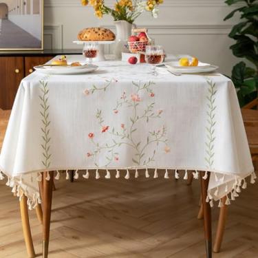 Imagem de KAIJIE Toalha de mesa de chá retangular francesa romântica toalha de mesa de algodão e linho com borlas macia e sem rugas com borlas 100 x 160 cm