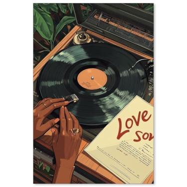 Imagem de Arte de parede de disco de vinil musical moderna mulher negra pôster vintage música de amor impressões em tela estética para sala de estar quarto dormitório decoração de parede 40,6 x 61 cm sem