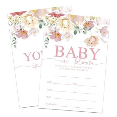 Imagem de Hsupl Conjunto de convite para chá de bebê bebê em flor, tema floral aquarela, 25 cartões de convite de chá de bebê com envelopes, revelação de gênero, decoração e suprimentos de festa de anúncio de