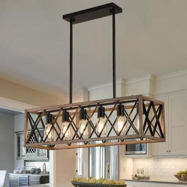 Imagem de Luminárias de sala de jantar para casa de fazenda, lustres lineares antigos rústicos vintage para sala de jantar, ilha de cozinha, bar, escritório, café, carvalho, branco e preto, luz suspensa