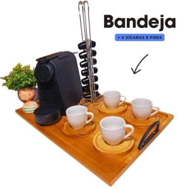 Imagem de Bandeja Em Madeira Cantinho Do Café Decorativa Com 4 Xícaras e Pires -