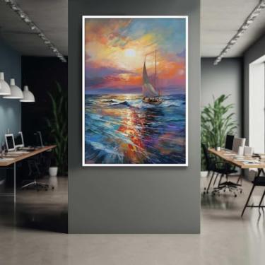 Imagem de Quadro com Moldura Pintura Mar Por do Sol Barco Vertical Decorativo Grande Sala Quarto Hall