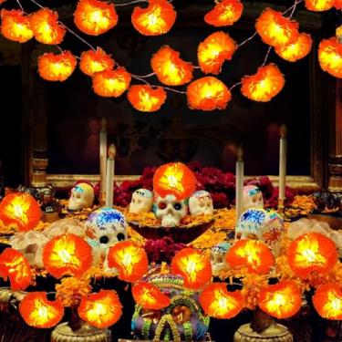 Imagem de JIYANMEI Pacote com 3 guirlanda de calêndula iluminada total de 5,2 m, 30 luzes de cordão de flores artificiais de calêndula de LED Dia de Los Muertos Decorações para Halloween Diwali Indian Party