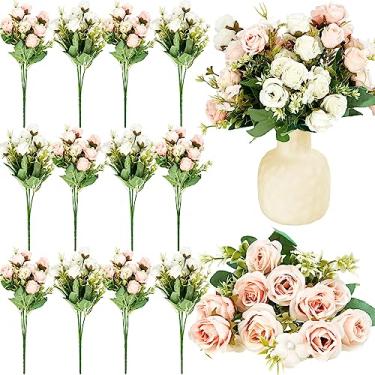 Imagem de Tigeen 12 pacotes de flores artificiais de seda mini rosa buquê de flores artificiais para vaso arranjos florais decoração de mesa de casa de casamento