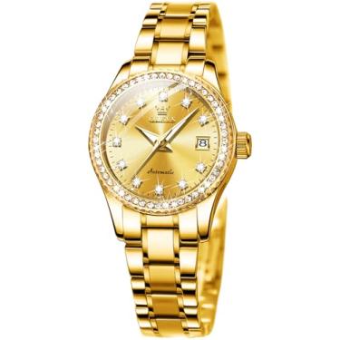 Imagem de OLEVS Relógios femininos automáticos com diamante de aço inoxidável com corda automática, relógios de pulso luminosos à prova d'água, L7003: pulseira dourada e mostrador dourado, Elegante