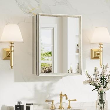 Imagem de TokeShimi Espelho de armário de remédios 35,5 x 45,7 cm, montagem necessária, armário de remédios de banheiro de níquel escovado com espelho, prateleiras ajustáveis contínuas, vidro temperado, moldura