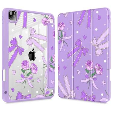 Imagem de Tuiklol Capa para iPad Pro 12,9 polegadas M2 2022 2021 2020 2018 geração 6ª/5ª/4ª/3ª, capa protetora transparente integrada, laço e roxo rosa