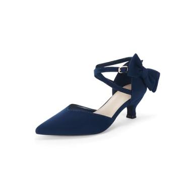 Imagem de Coutgo Sapato social feminino de salto baixo com laço e salto baixo, bico fino, tira no tornozelo, elegante para festa de casamento, Azul marino, 40