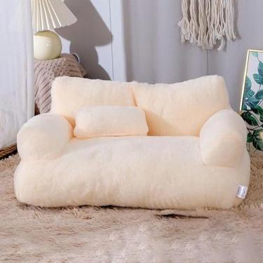 Imagem de Sofá Cama Pet de Pelúcia – Sofá para Gatos e Cães Pequenos, Design Antiderrapante com Capa Removível e Lavável (Bege, 55x38x18cm)