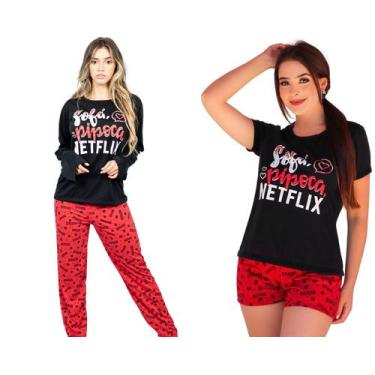 Imagem de Kit 2 Conjuntos Pijamas  Feminino Netflix Curto Longo - Nannamia, Pret