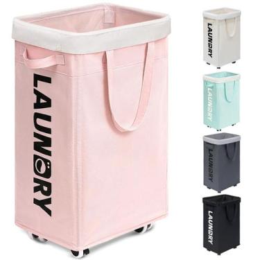 Imagem de Cesto de roupa suja Goodpick com rodas 75L em lona rosa