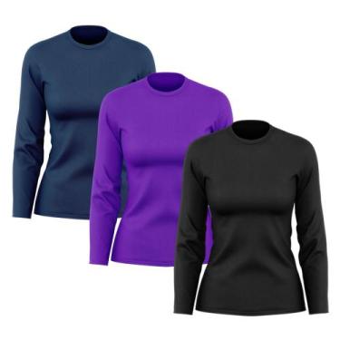 Imagem de Kit 3 Camisetas Feminina Manga Longa Dry Fit Básica Lisa Proteção Sola