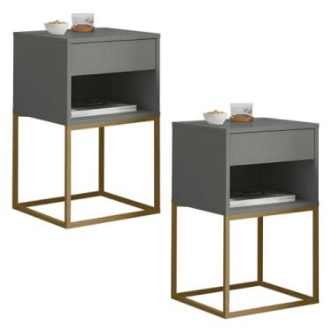 Imagem de Kit 2 Un Mesa de Cabeceira Sofia Estilo Industrial Base Aço 1 Gaveta E 1 Nicho(Cinza/Pé Dourado)