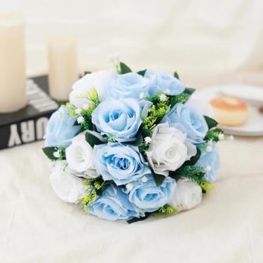 Imagem de Bola de flores artificiais, rosas, base de plástico verde, centro de mesa para decoração de casamento, buquês de festa, adereços, arranjos faça você mesmo (azul)