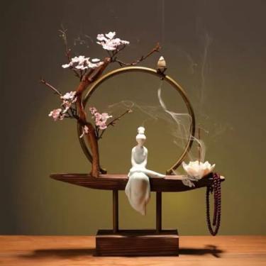Imagem de Queimador de incenso com árvore de flor de pêssego Stick, Censer do suporte do backflow Decoração da casa do ornamento de aromaterapia para relaxamento, purificação, meditação, ioga,E