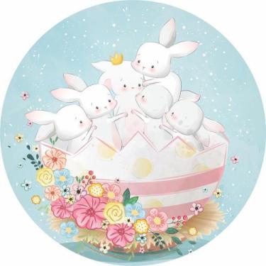 Imagem de Painel De Tecido Sublimado Redondo Coelhinhos Da Pascoa e Flores C/Elá