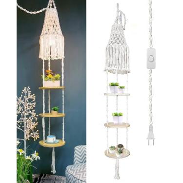 Imagem de Abajur de macramê e suporte de plantas suspenso prateleira interna para decoração de quarto boêmio, luminária pendente com cabo e interruptor para luz de leitura de canto de escritório boêmio (creme)
