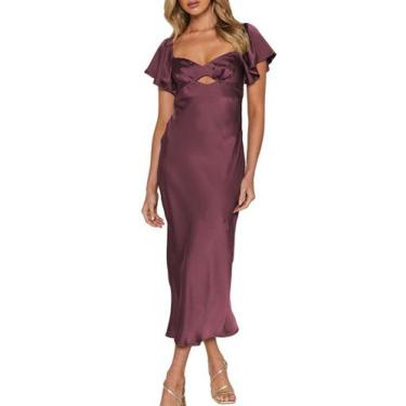 Imagem de Vestido de verão VUBIYA, cetim, manga esvoaçante, roxo de casamento