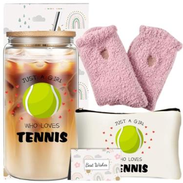Imagem de Presentes de tênis para mulheres, presentes inspiradores engraçados para jogadores amantes de tênis, conjunto de presente de equipe com copo de vidro, bolsa de cosméticos, lembrancinhas de festa