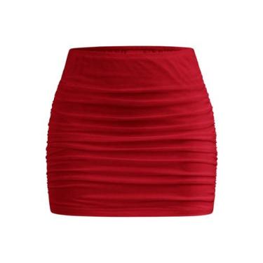 Imagem de Saia Verdusa Mesh Ruched Lápis Cintura Alta Bodycon Red