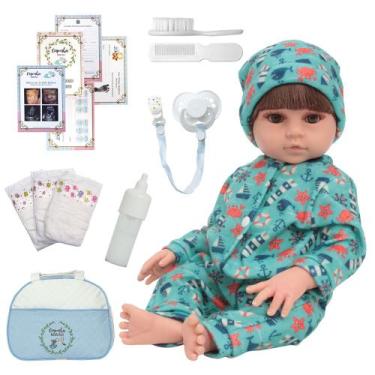 Imagem de Boneco Reborn Bebê 100% Silicone Cabelo Castanho Pijama Fofo - Cegonha