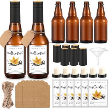 Imagem de Potchen Pacote com 6 frascos de extrato de baunilha de 325 ml, frascos de âmbar de vidro com tampas, adesivos e funil para extrato de baunilha caseiro, óleos essenciais, xarope, grãos de molho