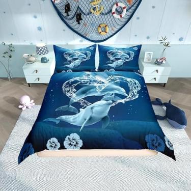 Imagem de Jogo de cama fofo com golfinhos, jogo de golfinhos com água para crianças, adolescentes, meninos, capa de edredom decorativa, quarto com animais marinhos, capa de edredom com 2 fronhas, tamanho casal