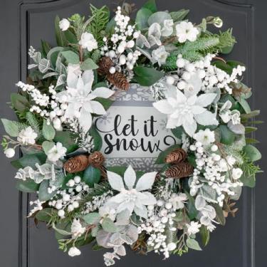 Imagem de Pinkpuii Guirlandas de inverno de 61 cm para porta da frente externa, guirlanda de inverno ao ar livre com flores de Natal e pinhas, guirlanda de Natal flocada artificial com frutas brancas